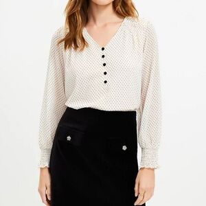Loft NWT Velvet Polka Dot Smocked Ruffle V-neck Blouse Size Medium Popover Top